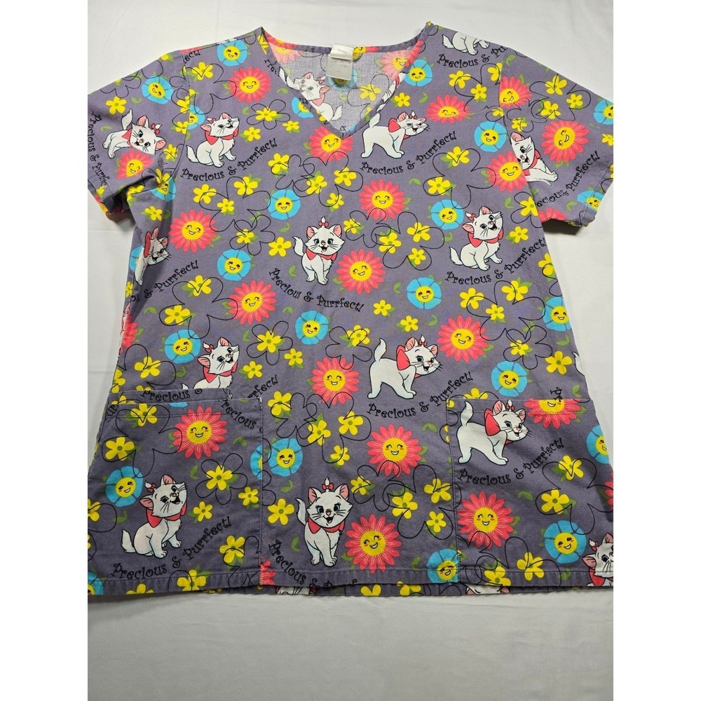 Vintage Disney Aristocats Marie Scrub Top Gray Floral V-Neck Medium
